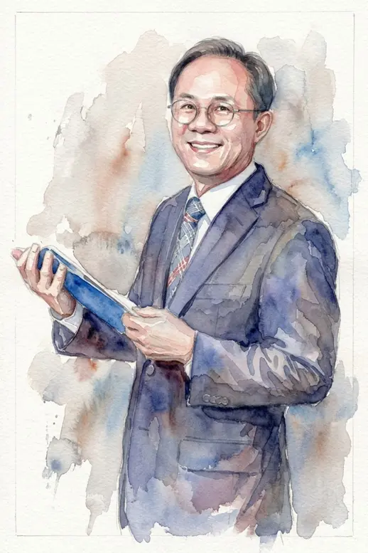 자료를 들고 미소 짓는 전직지원전문가 김학철의 수채화 초상
